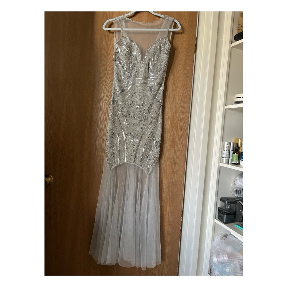 Silver Sequin Strapless Gown